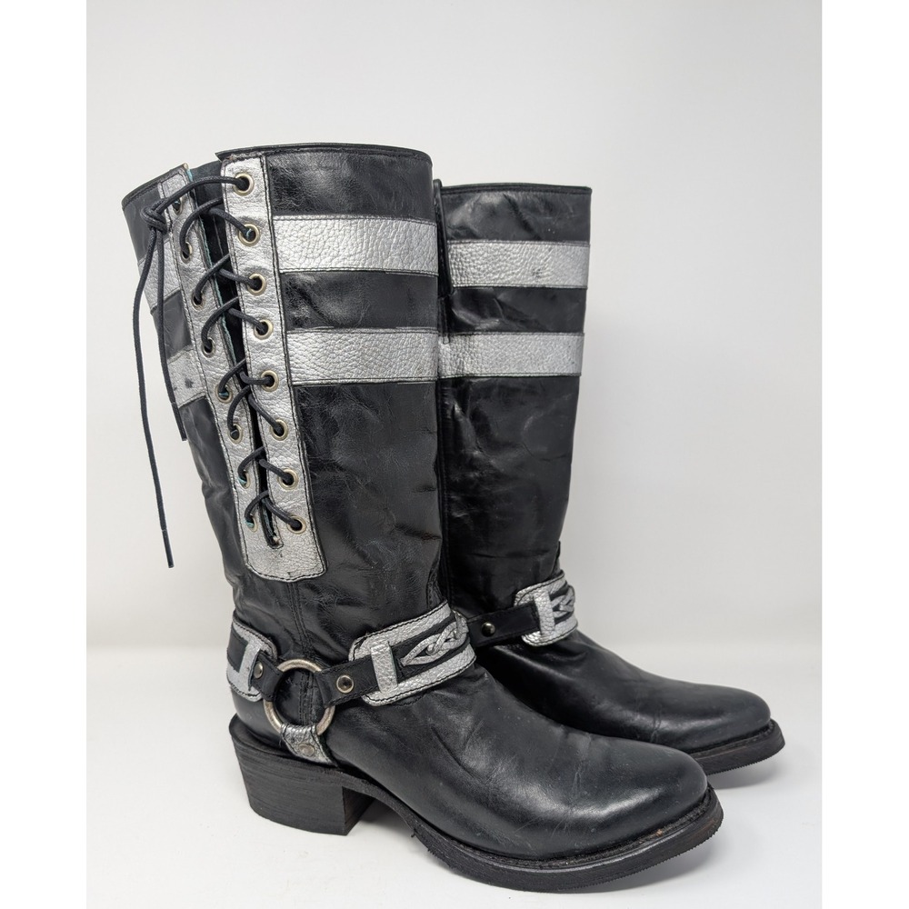 Corral Womens 8.5 M Black Silver Leather Harness Lace Up Boots A4273 BEAUTIFUL!